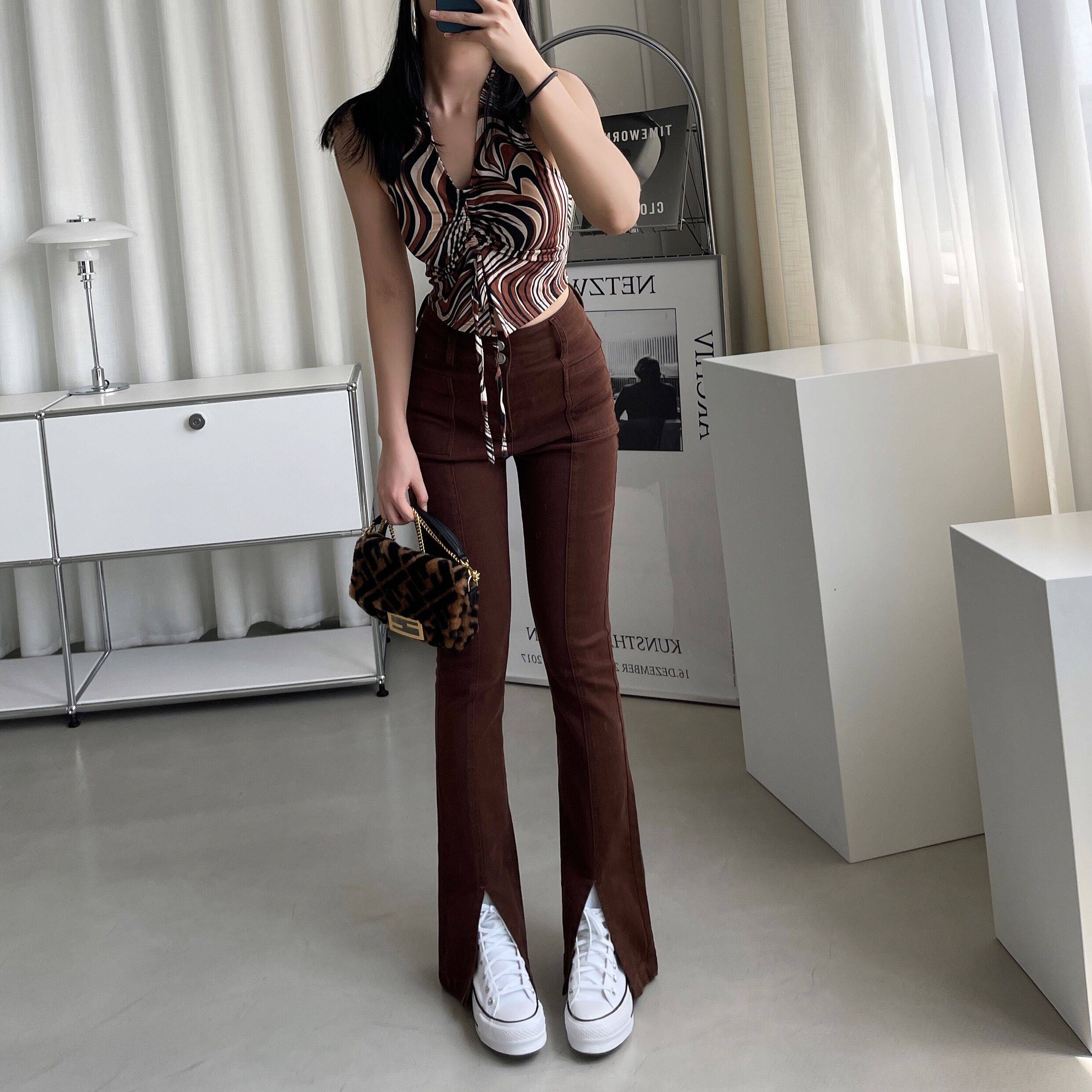 dqstore欧美复古弹力修身微喇裤高腰显瘦心机前开叉棕色牛仔裤女