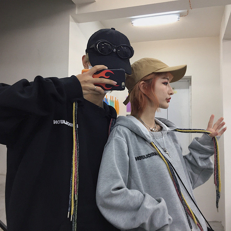 实拍 韩国ins原宿复古bf风脏辫帽绳连帽加绒卫衣情侣男女宽松帽衫