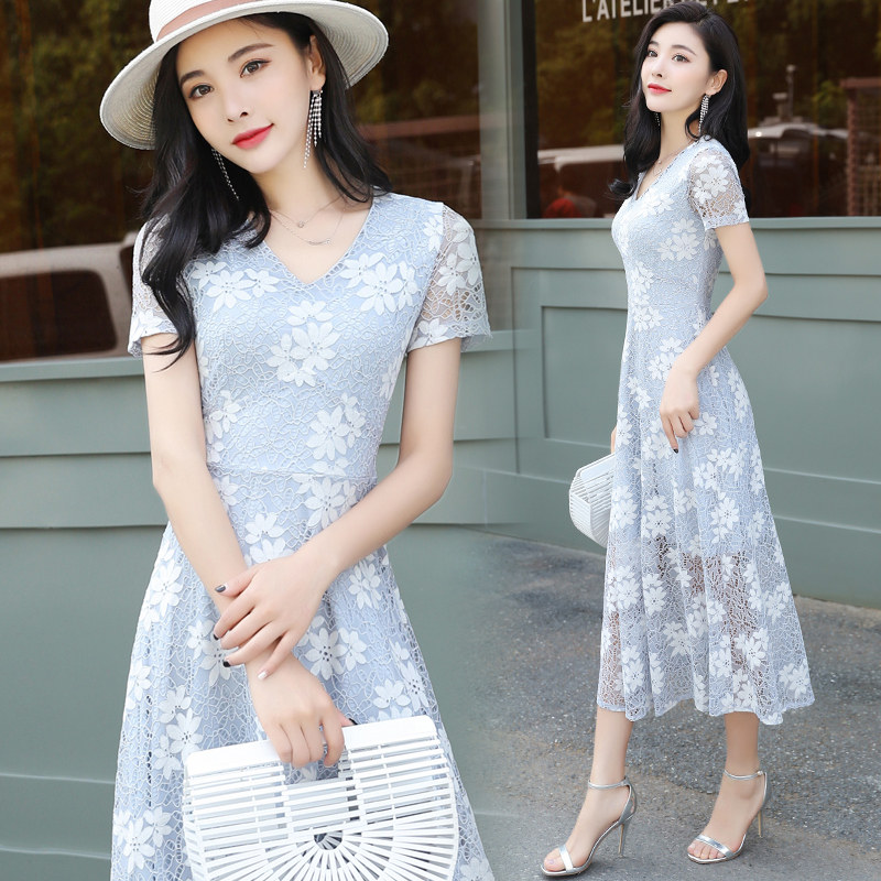蕾丝连衣裙2018夏装新款森女v领中长款韩版修身显瘦仙气长裙清仓