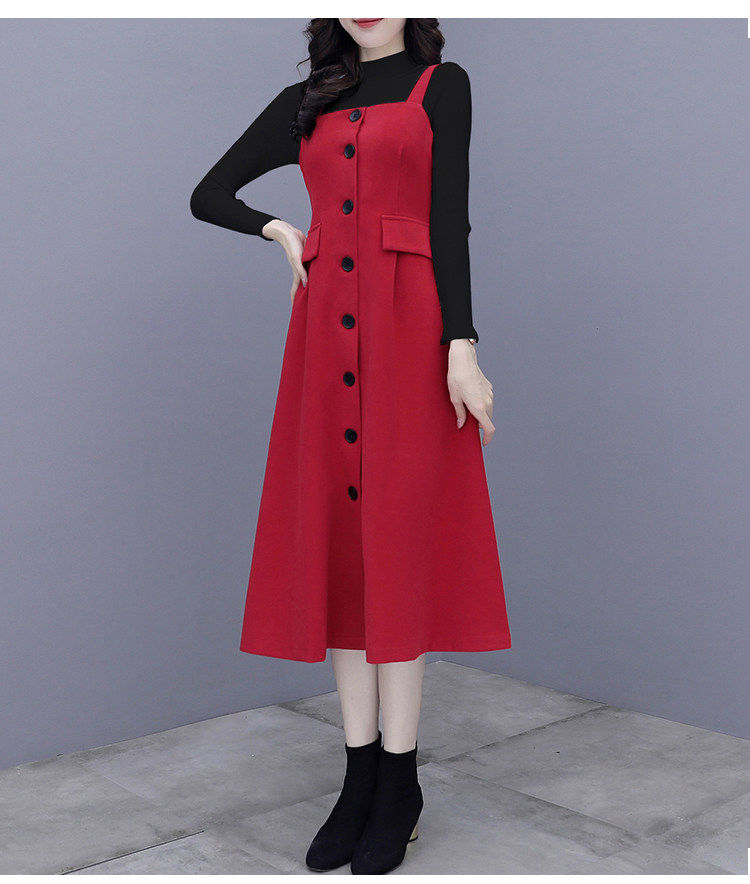 红色毛呢连衣裙女秋冬背带裙减龄复古赫本风小红裙子回门两件套装