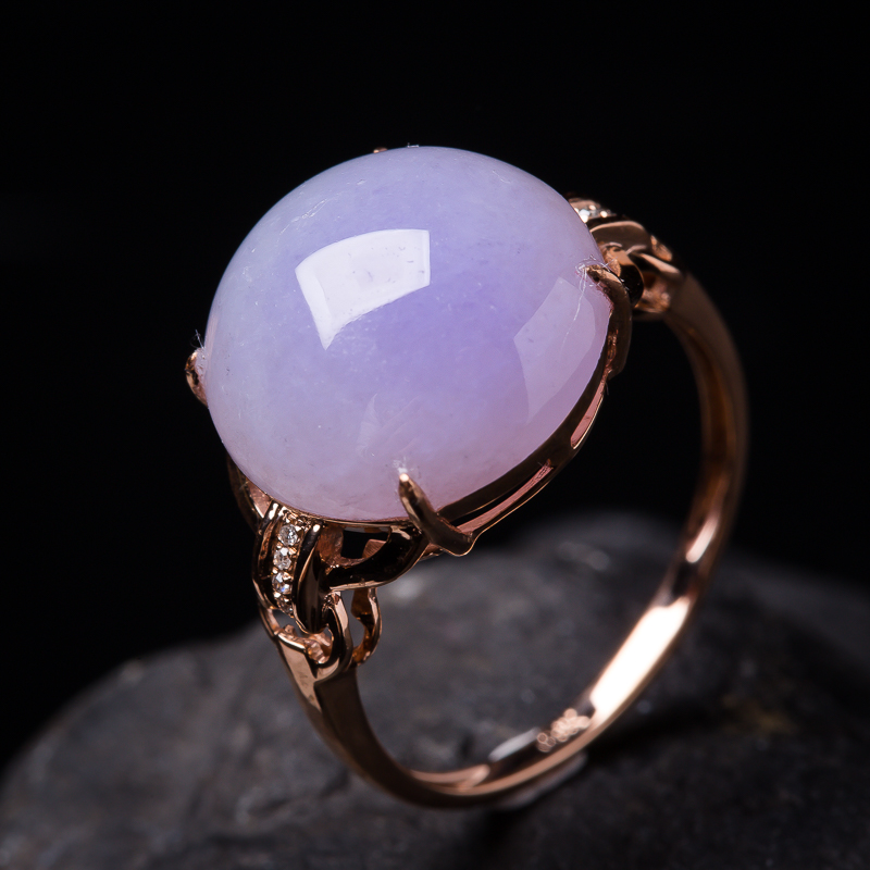 天然a货翡翠18k伴钻镶嵌冰糯种紫罗兰戒指 3.95g