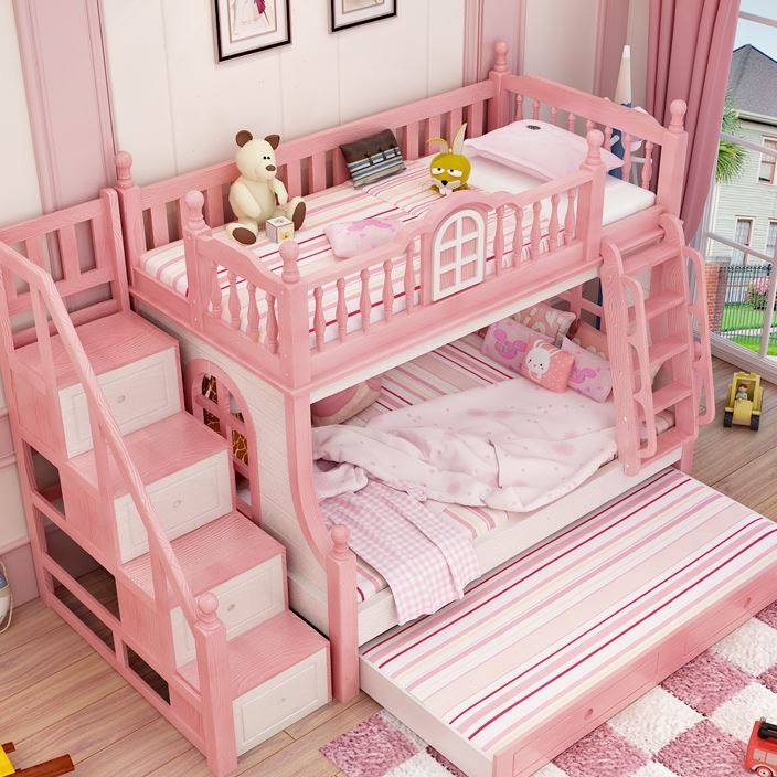 (今日10折)儿童高低床实木上下床多功能组合城堡子母床粉色带护栏女孩