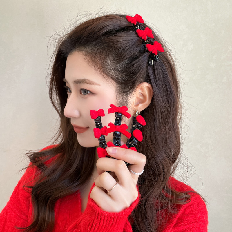 女童过年头饰儿童新年红色蝴蝶结编发发夹2021年新款网红侧边夹子