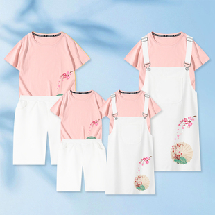 中国风亲子装夏装一家三口四口母子母女背带裙子新款韩版套装炸街