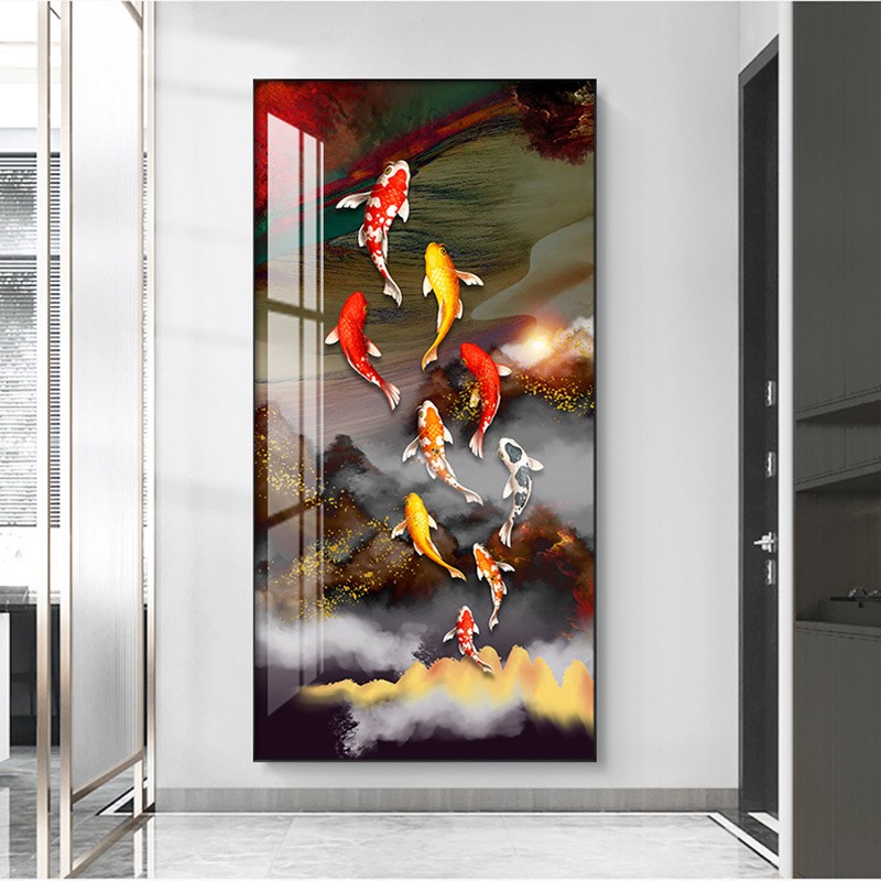 入户玄关装饰画九鱼图聚财轻奢现代简约竖版挂画进门走廊过道壁画