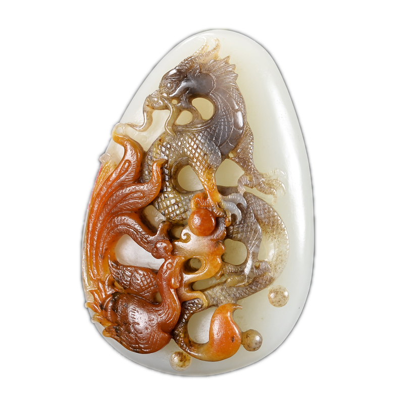 【三色巧雕】和田玉白玉龙飞凤舞挂件109.克gdf