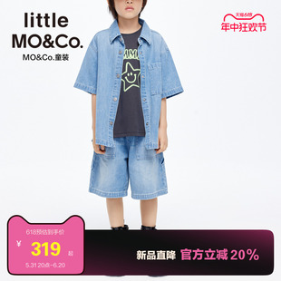 little moco童装夏装新款男童纯棉牛仔短袖衬衫衬衣儿童套装短裤