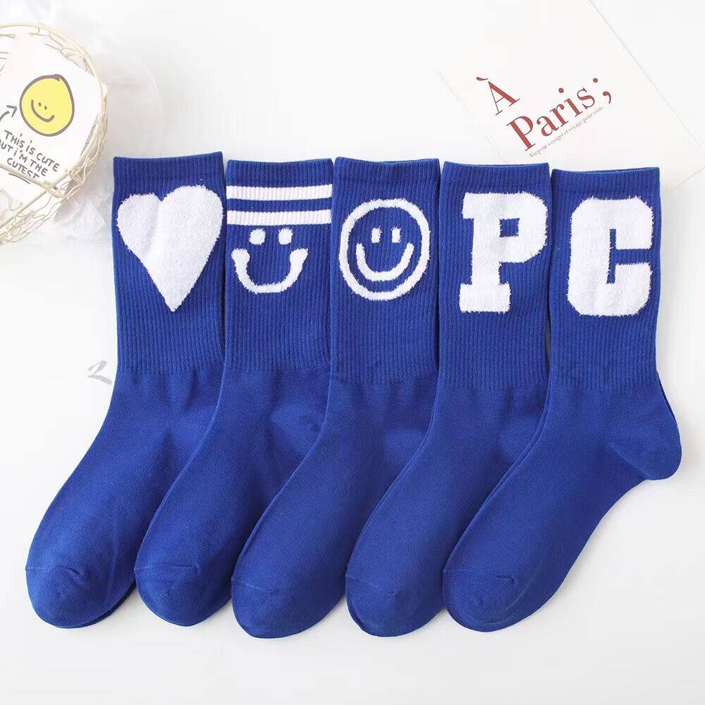 蓝色袜子女中筒袜秋冬ins潮网红款外穿袜高筒棉运动克莱因蓝长袜