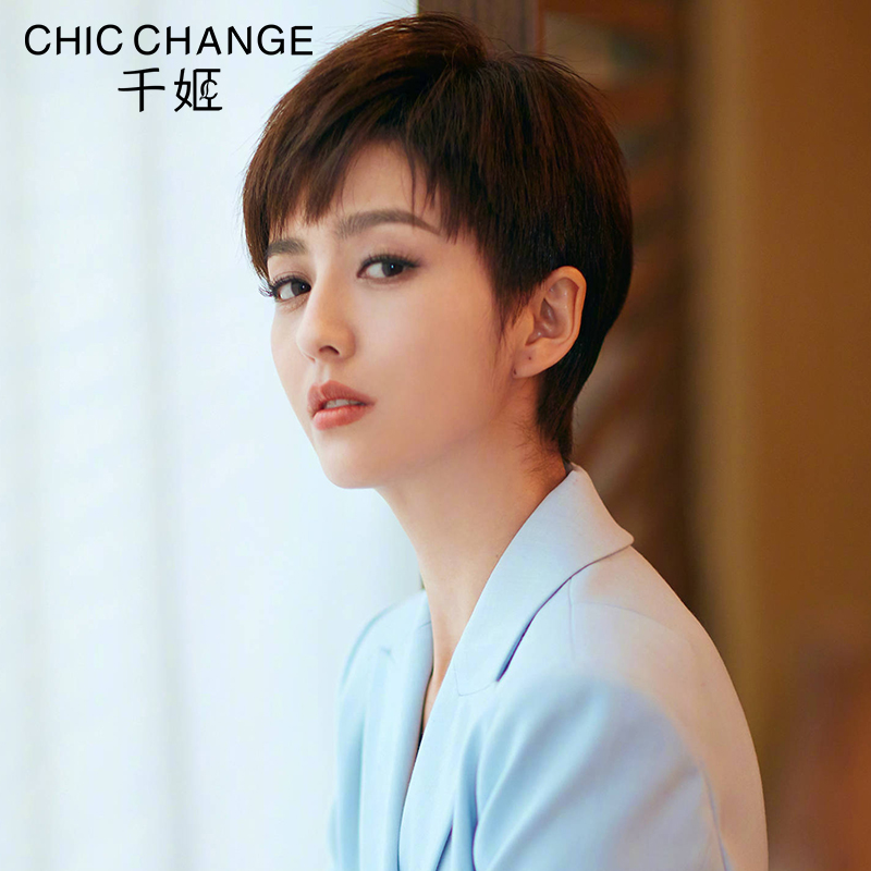 千姬假发女短发圆脸真人发丝网红蓬松自然修脸帅气中性造型全头套