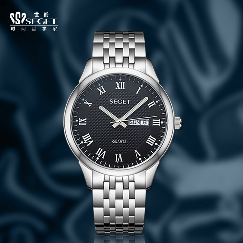 手表分期世爵seget男表真皮石英手表简约时尚白色情侣表月份星期皮带