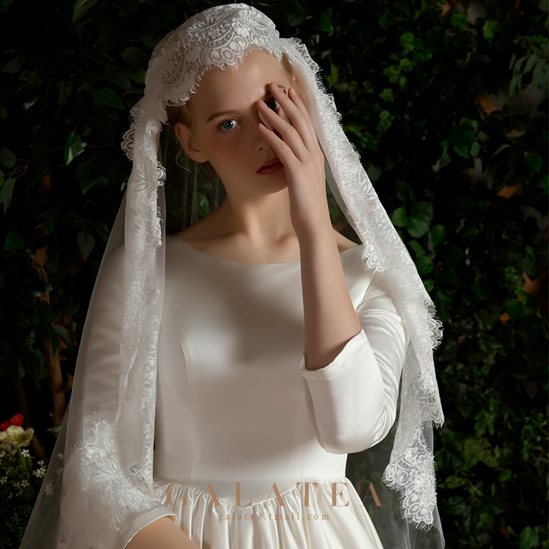 手工法式婚纱复古赫本风新娘结婚头纱进口蕾丝短款头饰写真摄影