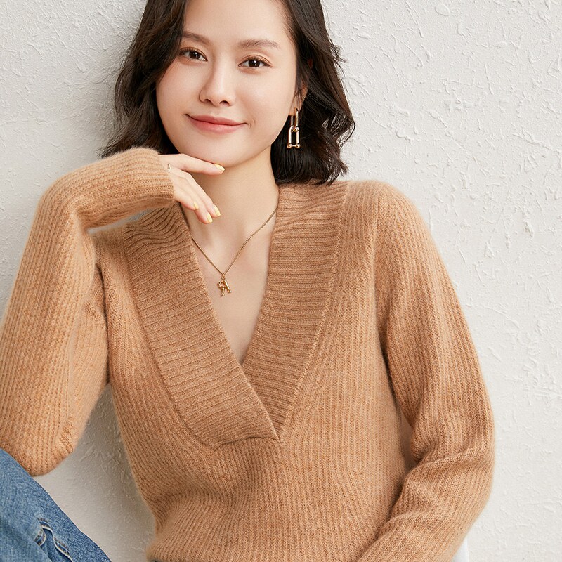 21秋冬时尚法式大v领羊绒衫新款韩版毛衣女长袖针织衫温柔慵懒风