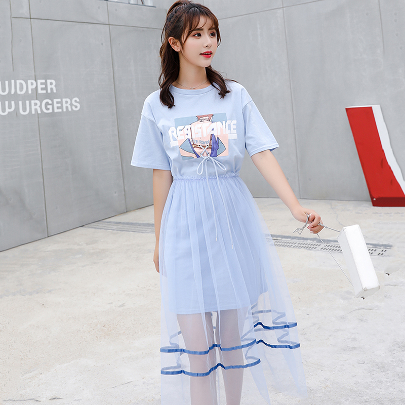 连衣裙女夏季2019新款韩版高中学生小清新软妹两件套网纱套装裙子
