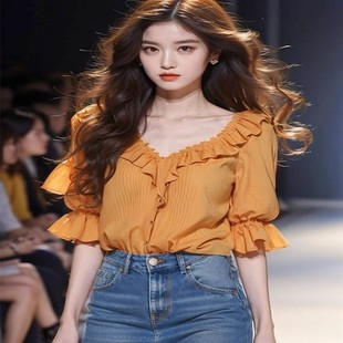 2024夏季新款法式荷叶边橙色短袖衬衫女洋气显瘦薄款透气时尚上衣