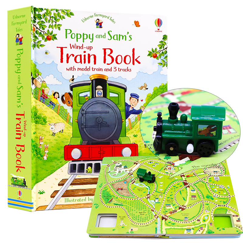 Usborne出品 蒸汽火车发条轨道书Poppy and Sam's Wind-Up Train Book英文原版 农场故事波比和山姆玩具书大开本纸板 含蒸汽火车