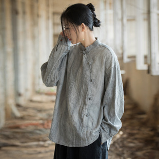 佛系女装夏季复古风茶服上衣禅意宽松棉麻防晒长袖t恤新中式衣服