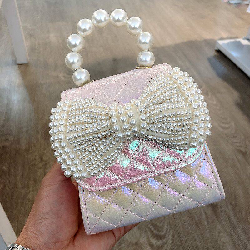 儿童新款珍珠手提单肩包女童时尚斜挎包公主链条菱格糖果色小方包