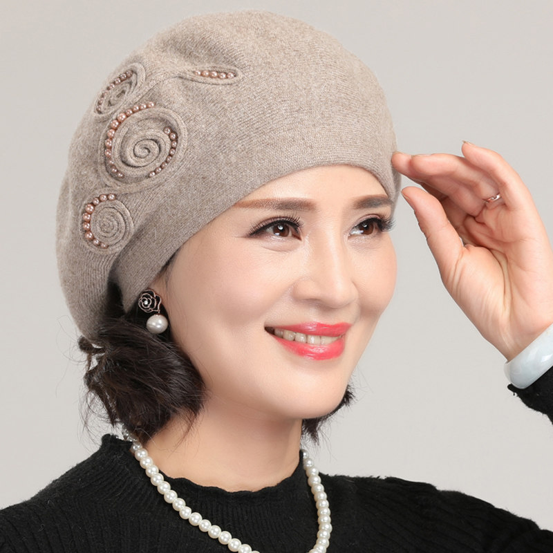 老人贝雷帽女士冬天中老年人帽子女冬季兔毛优雅保暖妈妈婆婆蓓蕾