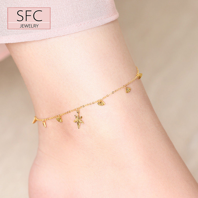18k黄金脚链女款枫叶玫瑰金彩金个性女神au750贝壳au750幸运脚链