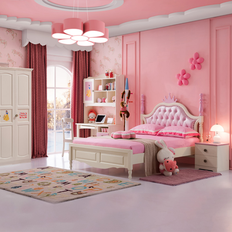 全实木粉色公主卧室房间成套家具带书桌衣柜 儿童房家具组合套装