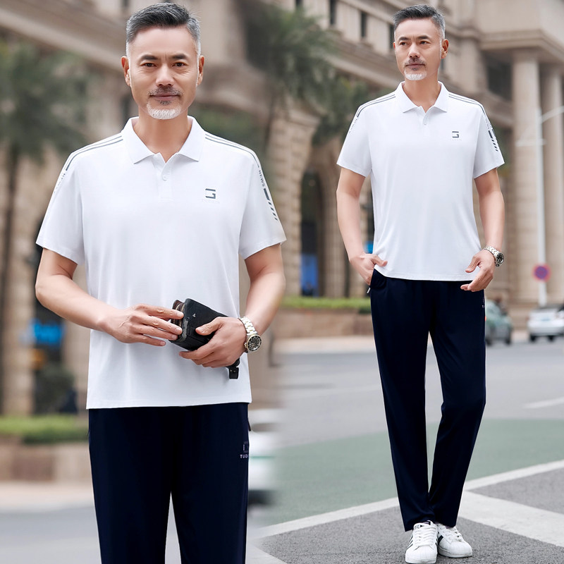 中年爸爸夏装男士冰丝短袖长裤新款休闲装中老年运动服套装男夏季