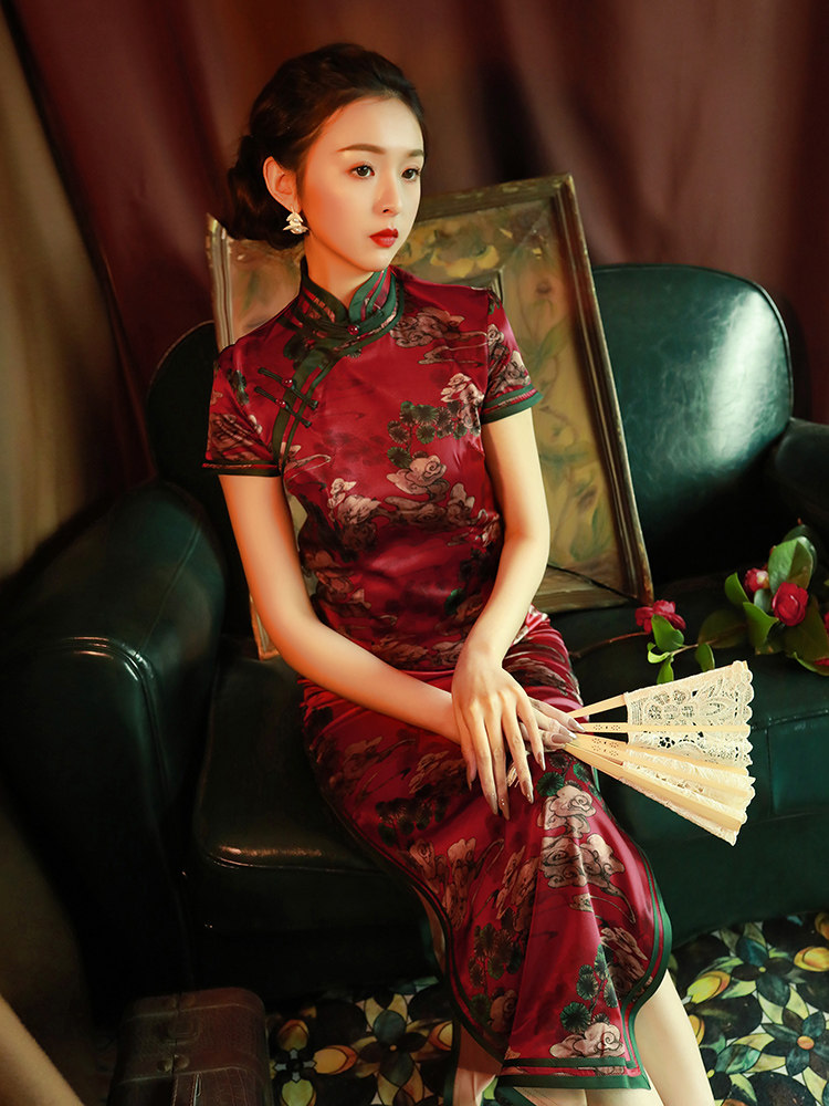 红色中国风复古老上海长款短袖修身旗袍走秀舞台宴会演出服女秋冬