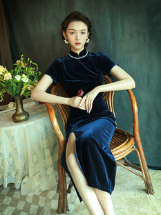 藏青色丝绒旗袍女复古中国风改良版高端连衣裙性感时尚中长款秋季