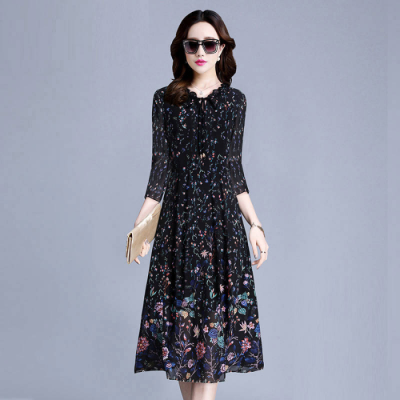 唯品会清仓新款桑蚕丝真丝连衣裙女春季妈妈装印花高档中年洋气裙
