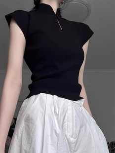 新中式黑色针织短袖T恤女夏季辣妹修身正肩立领盘扣小飞袖上衣潮
