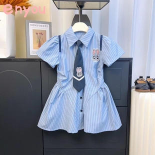 女童夏季学院风连衣裙2024新款儿童Polo短袖衬衫裙女宝宝夏装裙子