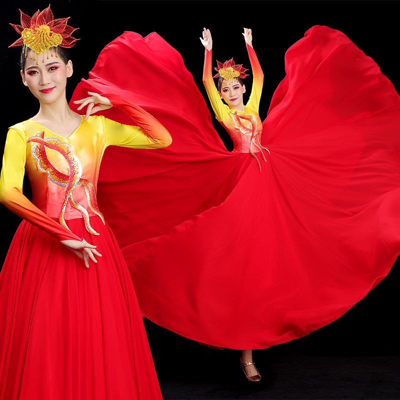 新款开场舞大摆裙演出服表演舞蹈服装女盛开中国红民族风现代长裙