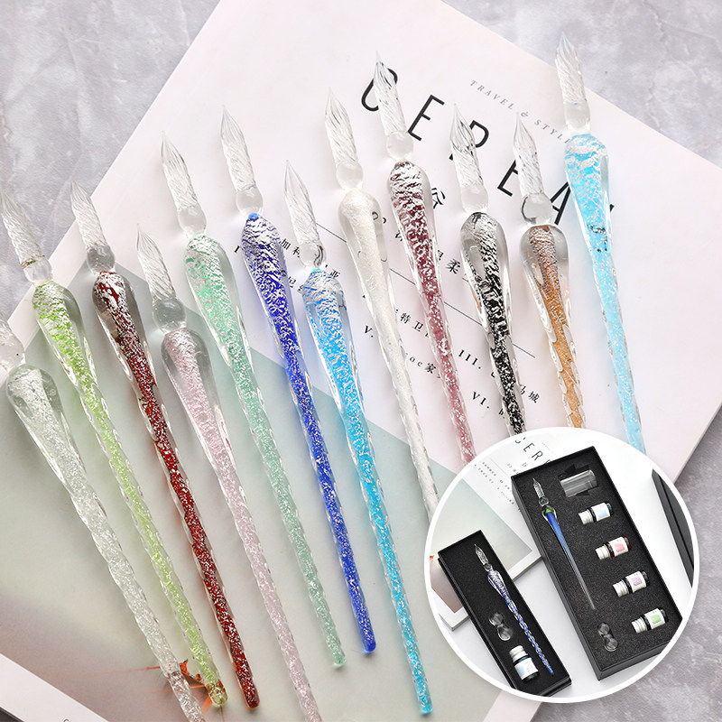 玻璃笔蘸水套装学生水晶钢笔礼盒装手工创意文具墨水小清新沾水笔