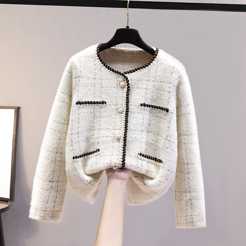 小香风针织衫上衣女开衫外搭2022年春秋新款水貂绒毛衣女宽松外套