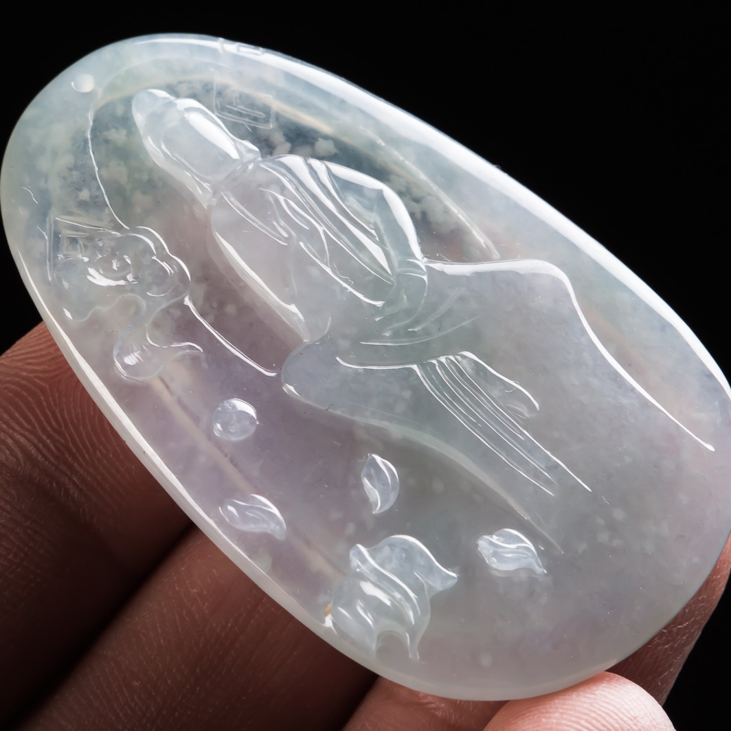 a货翡翠冰糯种木那料飘雪花棉悟道挂件 19.65克