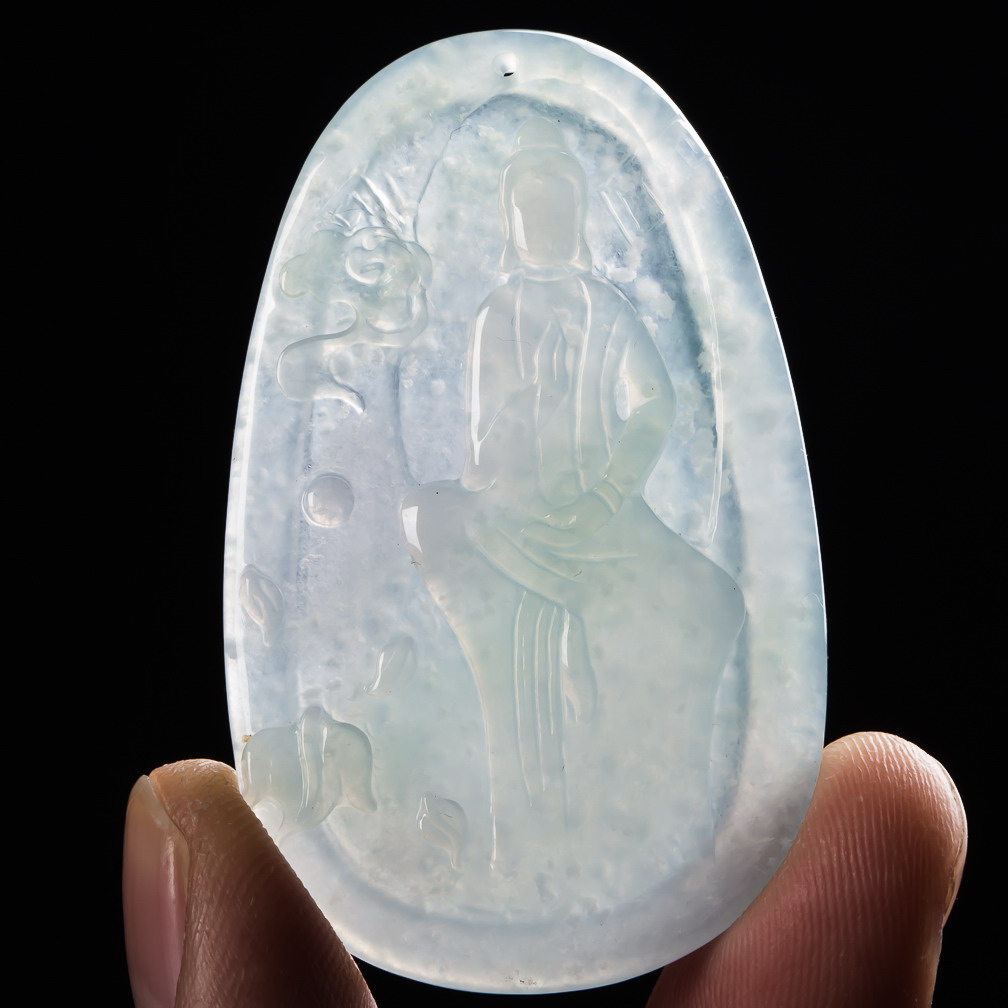 a货翡翠冰糯种木那料飘雪花棉悟道挂件 19.65克