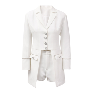 EAM STUDIO高级镶钻白色西服套装女2024春季新款西装裙短裤两件套