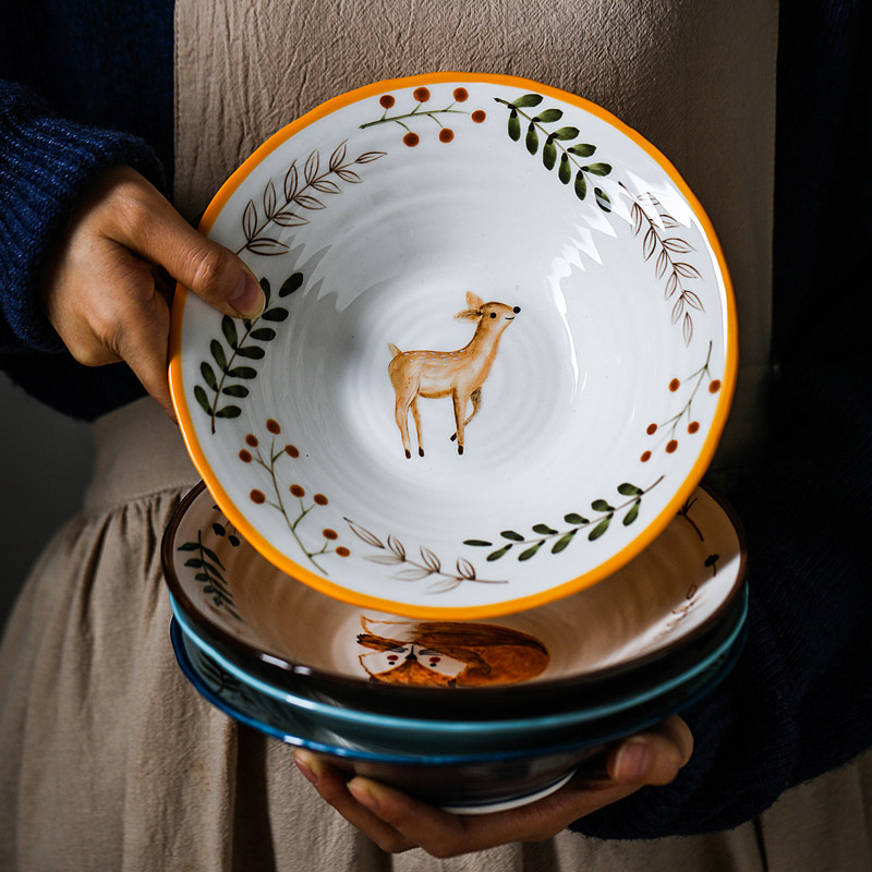 熊谷组日式陶瓷面碗家用大号泡面汤碗菜盘创意手绘动物可爱儿童碗
