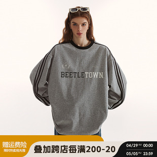 BEETLE TOWN三条杠长袖T恤女春复古运动拼接坑条撞色街头重磅卫衣