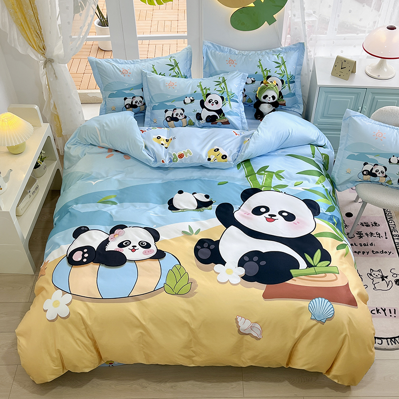 国宝熊猫卡通真丝冰丝夏季四件套学生儿童宿舍天丝床单被套三件套