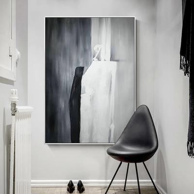 手绘抽象油画成品画现代简约客厅玄关装饰画黑白灰竖版手工挂画