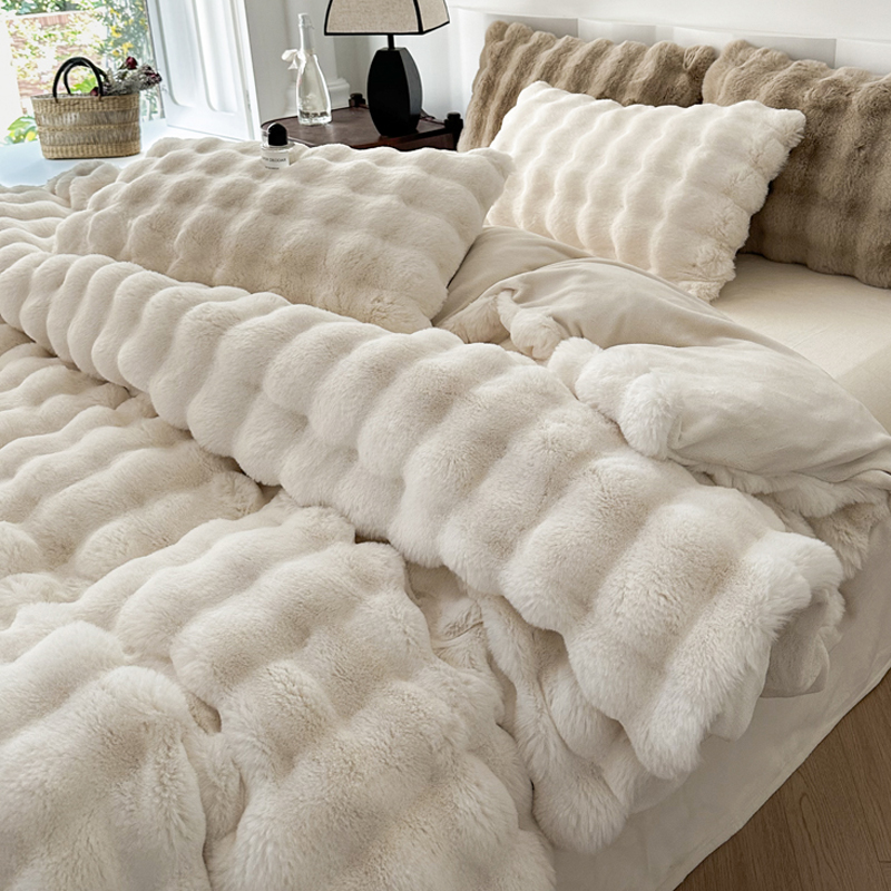 冬季高端兔毛绒牛奶绒四件套加厚珊瑚绒被套白色床单被罩轻奢床品