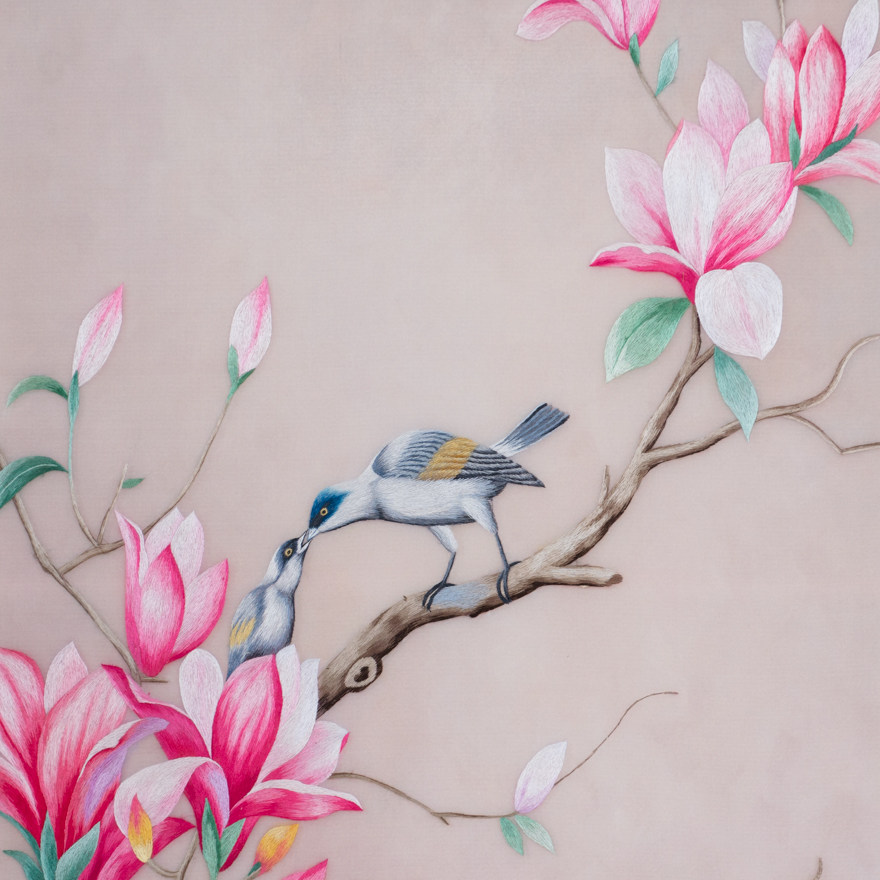 纯手工真丝 精品苏绣挂画《玉兰花鸟》刺绣