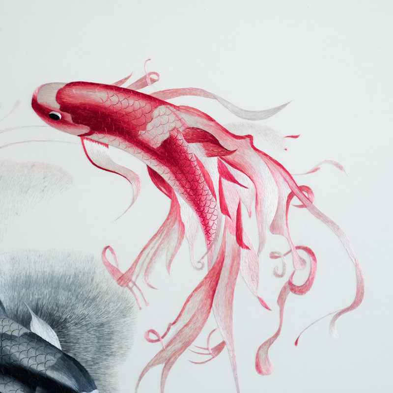 【直供】纯手工苏绣 真丝精品挂画《锦鲤 》刺绣