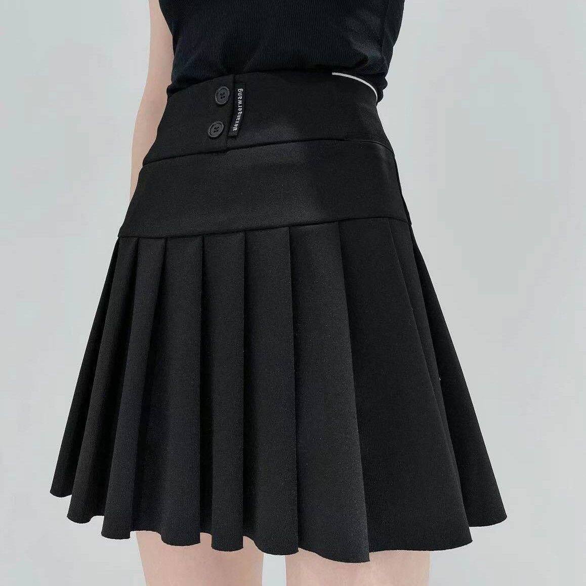 计感百褶裙女2022春高腰a字半身裙黑色松紧腰防走光短裙女时尚