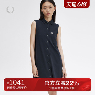 FRED PERRY休闲连衣裙女2024夏季无袖翻领麦穗刺绣衬衫裙潮D7179