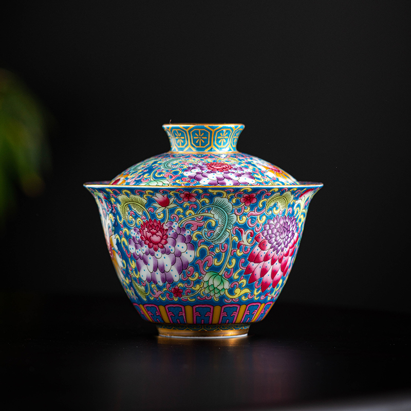 陶瓷宫廷风珐琅彩三才盖碗泡茶杯单个功夫茶具茶碗家用复古防烫