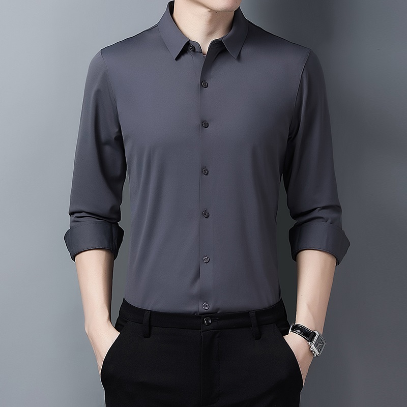 高档纯棉男士长袖衬衫春秋季薄款男装商务休闲真丝衬衣纯色免烫