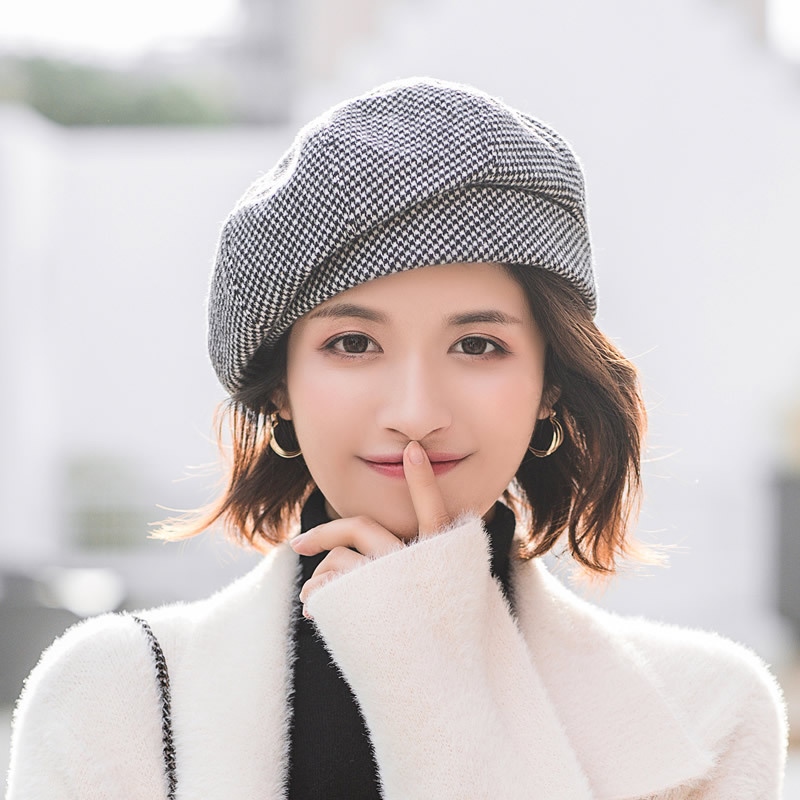 适合短发戴的帽子千鸟格贝雷帽女英伦复古文艺画家帽日系女士帽子