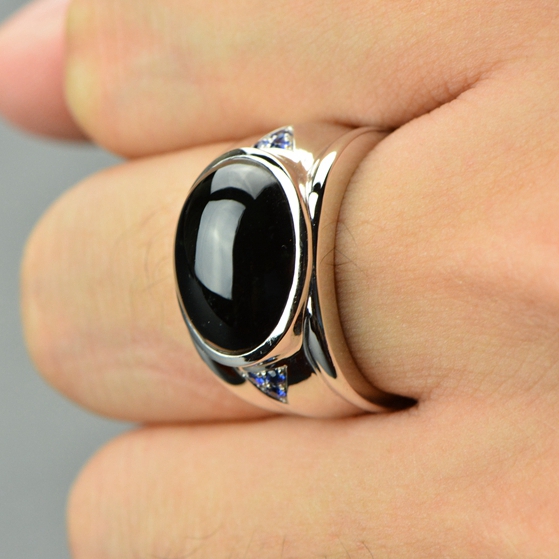 天然翡翠a货-老坑冰种18k金墨翠蛋面戒指10.817g