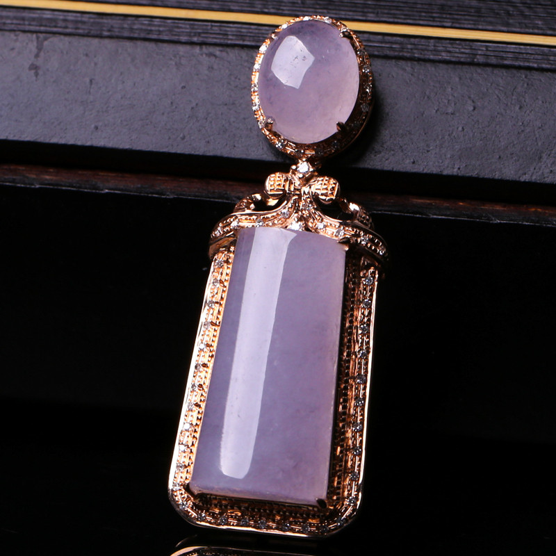 天然a货翡翠冰种水润起光淡紫罗兰戒面吊坠--18k金钻镶嵌6.41g